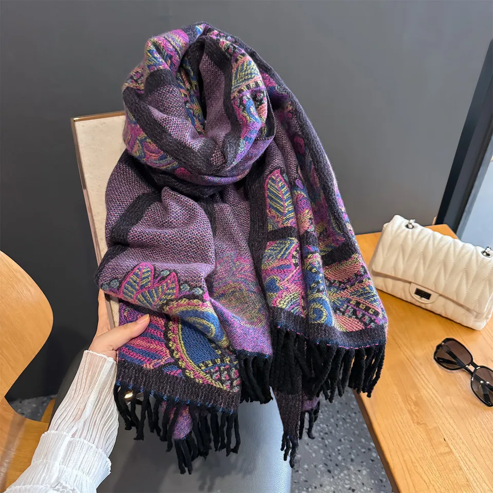 Luxusné teplé Poncho Cashmere Winter Women Dámske šatky kešu šatky Zábaly Žena hrubá pašmina prikrývka Bufanda Travel Echarpe 2024