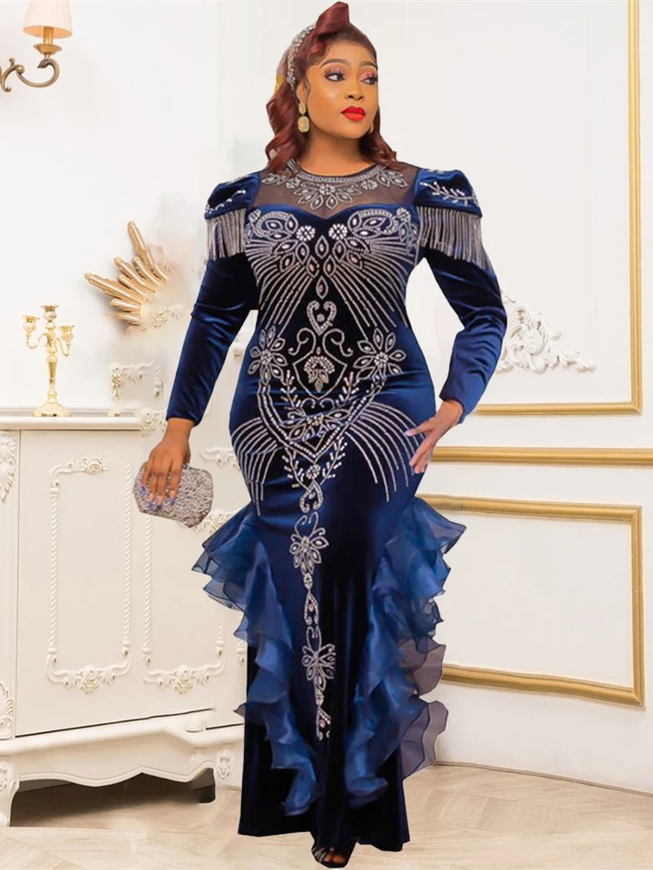 Luxusné zamatové šaty pre ženy Dubaj s dlhým rukávom Abayas African Dashiki Crystal Robe 2024 Festival outfit Svadobné šaty