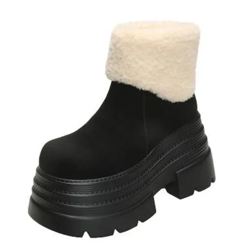 Luxusné zimné dámske teplé snehové topánky Vonkajšie plyšové členkové topánky Anti-Skid 10cm Chunky Leather Sneakers krátke kožušinové topánky bota majer