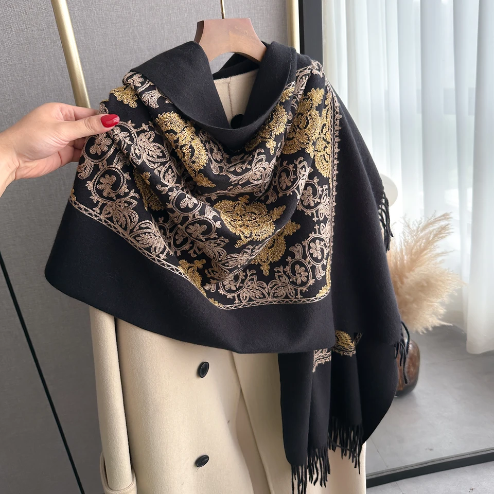 Luxusné zimné vyšívanie kašmírové šatky Ženy Nový dizajn Warm Pashmina prikrývka Poncho Šály Žena šál hrubý faulard bufanda