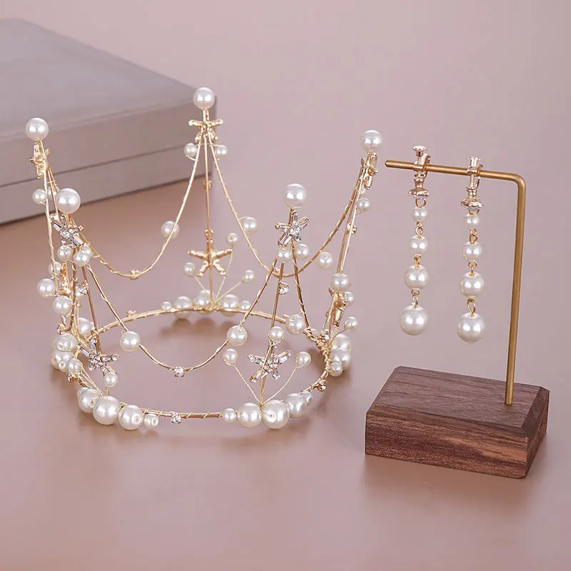Luxusné zlato Crystal Pearl Round Wedding Crown Bride Tiaras and Crowns Queen Diadem nevesta Koruna Koruna svadobné vlasy