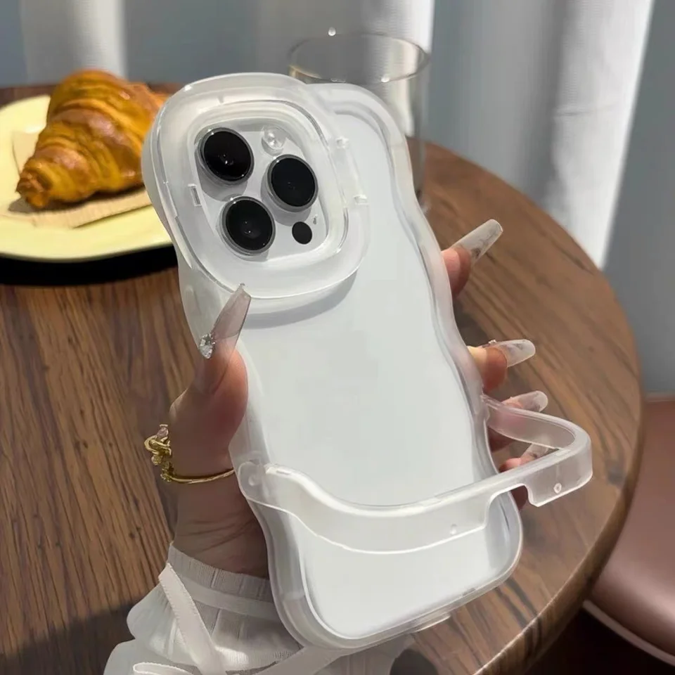 Luxusné zvlnené priehľadné puzdro na stojan pre iPhone 11 12 13 14 15 Pro Max 16 Plus nárazový držiteľ mäkký nárazník zadný kryt