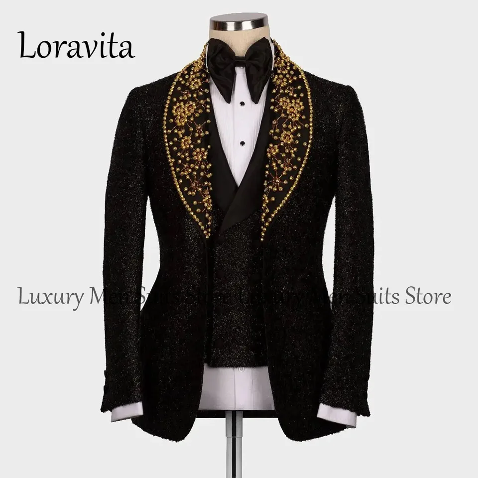 Luxusné čierne muži obleky 3 kusy Sety Svadobný ženích smútok luxusný korálkový kryštály Slim Fit kostým homme mužské plesové blázle
