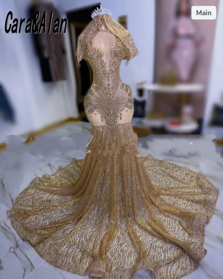 Luxusné šaty na plesové šaty so zlatou krištáľou s závojom flitrom kamienok Mermaid Party Gowns 2024 Večerné šaty dlhé pre ženy prispôsobené
