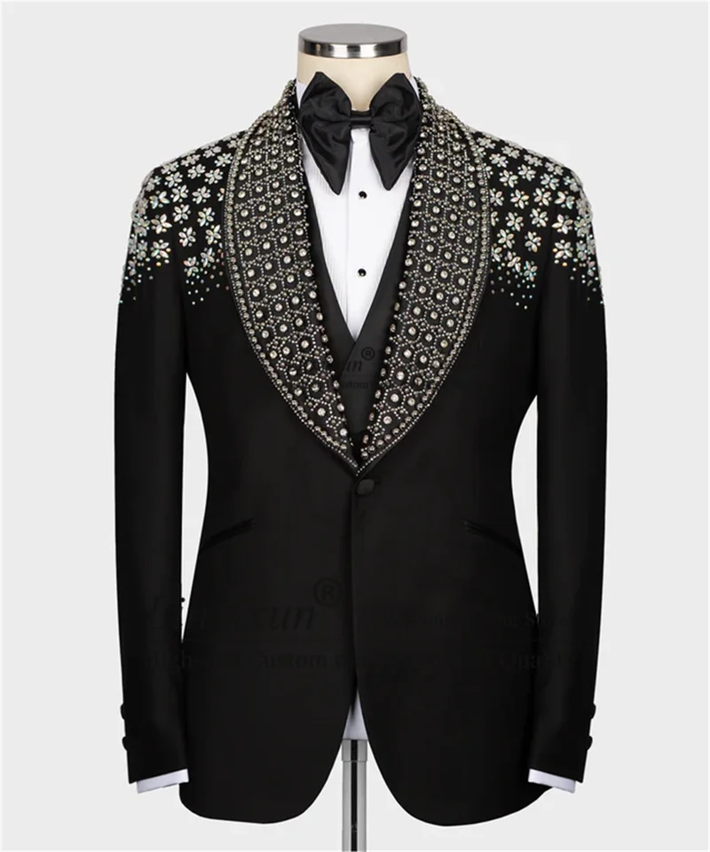 Luxusné šperky ozdoba Tuxedo muži obleky šál klopa Svadobný ženích Blazers 3 kusy Sada mužských párty prom kostýmy Homme Prispôsobené
