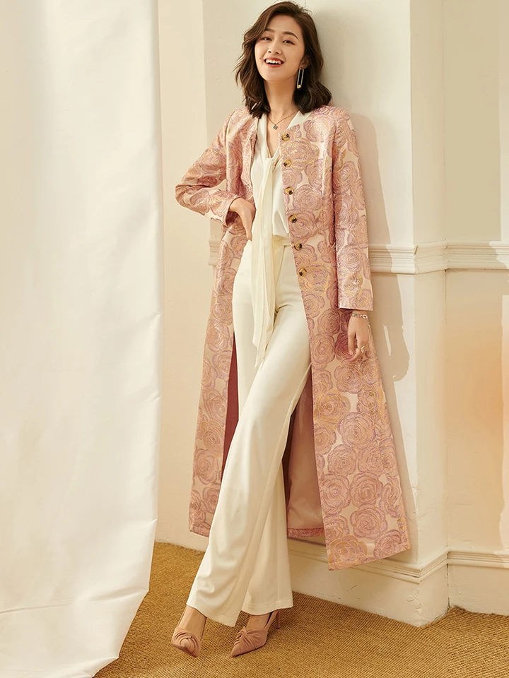 Luxusné ženy dlhé výkopy Jacquard Coat Gomban Front Horná kabáta jeseň zimná kvetinová elegantná bundy vonkajšie oblečenie oblečenie oblečenia