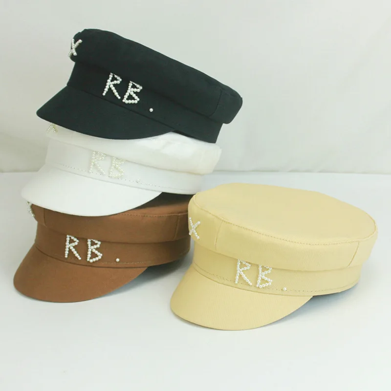 Luxusné ženy perly rb list Militray klobúk módne ulice Streetwear Navy Hat Nastaviteľné ploché špičkové čiapky Caps Casy Gorras Visor klobúky