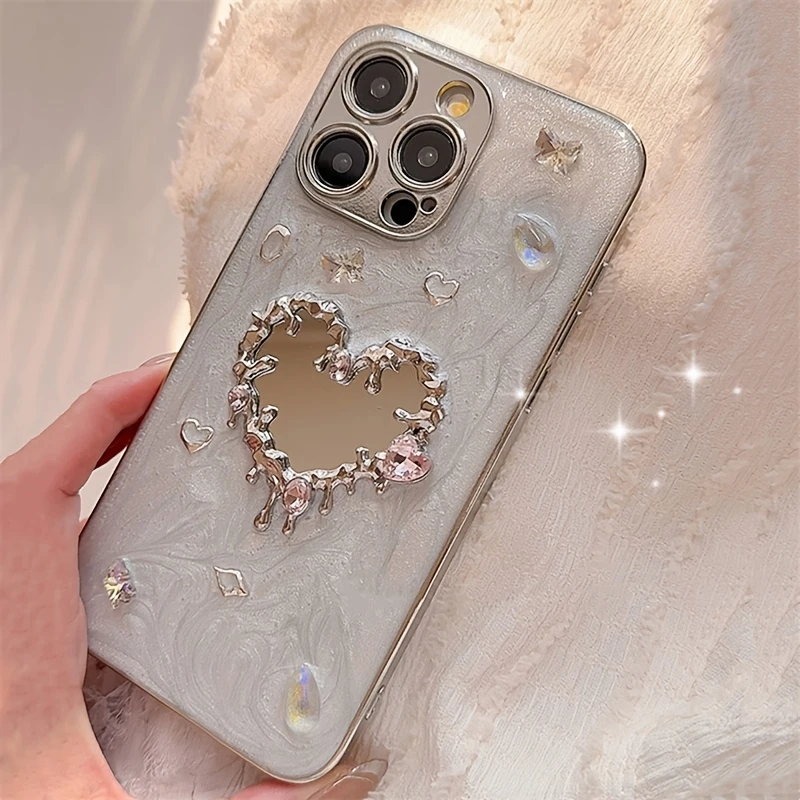 Luxusný 3D diamant Love Heart Mirror Pase pre iPhone 16 15 14 13 12 11 11 Pro Max Plus Girl Glitter Epoxy Elektroplatý kryt