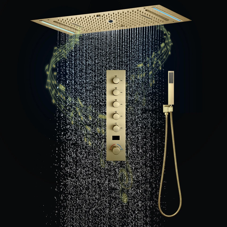 Luxusný 638*338 mm veľkú sprchovú hlavu Kúpeľňa Faucet Hotel Hotel a studený kefovaný zlatý sprchový systém hudba LED sprcha
