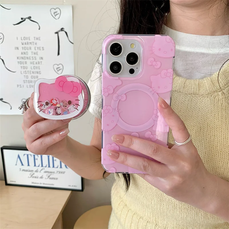 Luxusný a prepletený magnetický držiak roztomilý Hello Kitty ovocný šéfkuchár KT puzdro pre iPhone 15 16 14 Univerzálna mobilná magnetická držiak