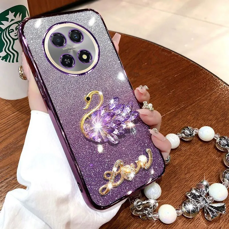Luxusný diamantový labuť 12x 5G puzdro pre Oppo Realme 12x 12 Pro+ 10 Reno10 Reno11 Reno12 Pro Reno7 7Lite 8T Cover náramok