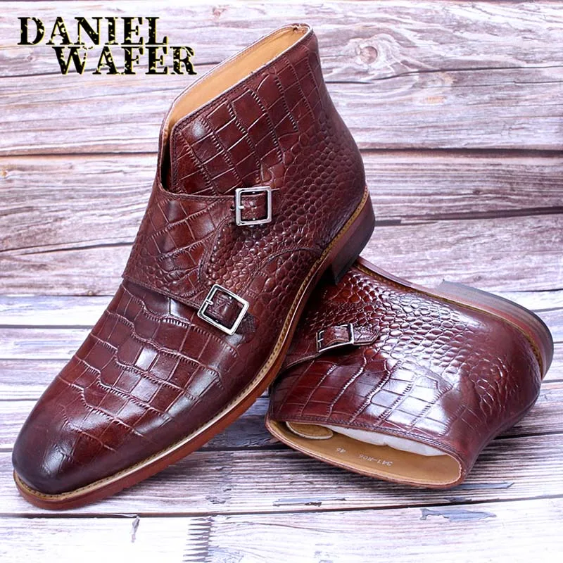 Luxusný dizajn pánske topánky módne krokodíl tlačené kožené členkové čižmy Double Monk Strap Slip na mužské šaty topánky základné topánky Men