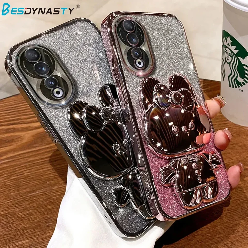 Luxusný držiak puzdro pre Honor 90 Glitter Mirror Rabbit Holder Soft Case pre Honor 90 70 50 Magic 5 Lite Pro X8 Shockoofter Cover
