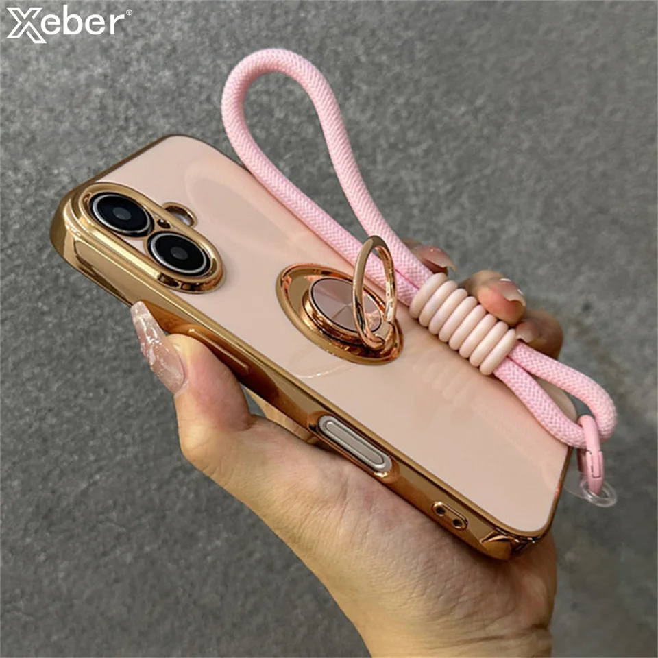 Luxusný držiteľ kruhu na kruhový prsteň zápästia šnúrka lana na šnúrku pre puzdro pre iPhone 16 11 12 13 14 15 Pro Max Plus mäkký kremíkový kryt