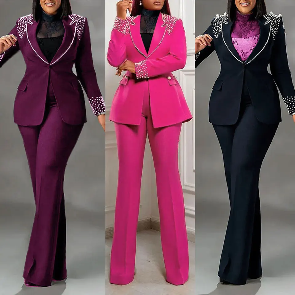 Luxusný elegantný formálny dvojdielny súprava pre ženy zodpovedajúce sady Office Lady Club Business Pearls Blazer Coat a široké nohavičky