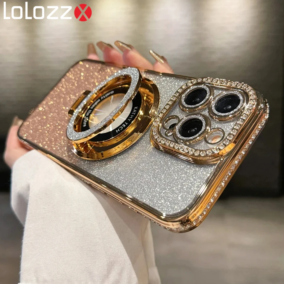 Luxusný elektroplatovaný lesklý diamantový magnetický krúžok pre držiak pre puzdro pre iPhone 16 15 Pro Max 14 13 12 12 Pro Shock odolný kryt