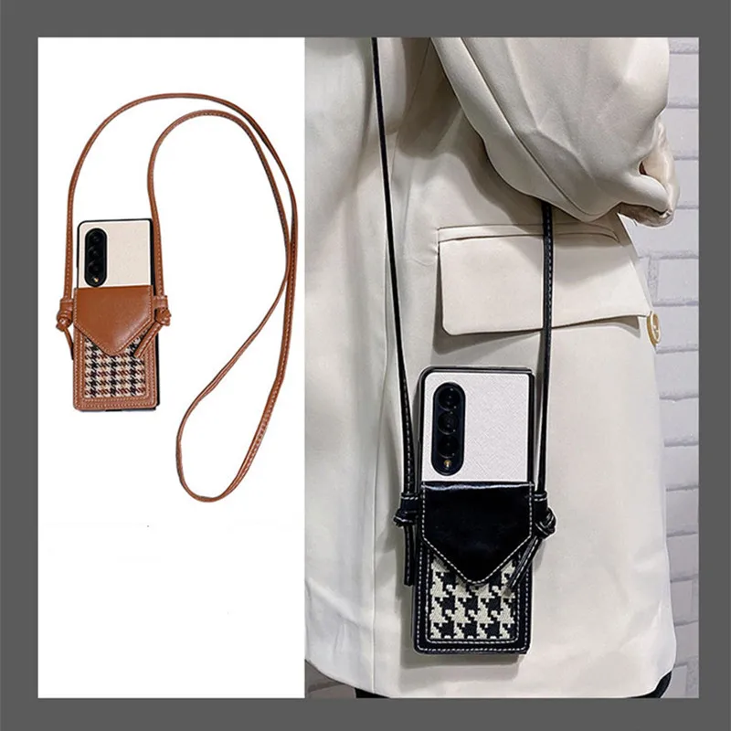 Luxusný Houndstooth Card Peňaženka kožené puzdro pre Samsung Galaxy Z Fold 4 Zfold 5 6 Zfold 3 2 2 2 Crossbody Stoping Shell Cover