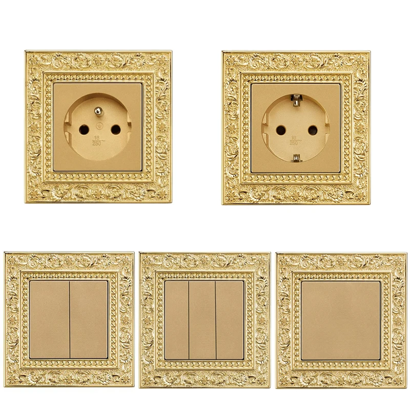 Luxusný kov Európsky vinobranie starožitný stenový spínač EÚ Panel Panel Panel Mosadz kovové vily Domov Light Switch 1/2/3 Gang 2 Way