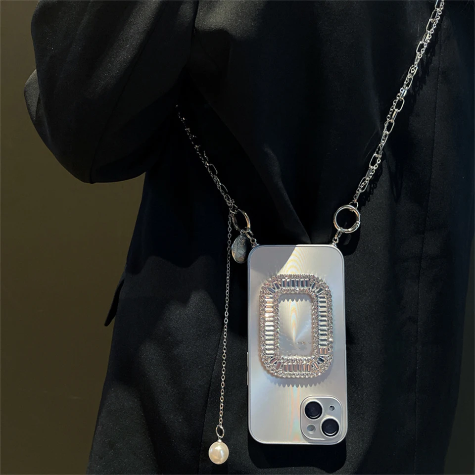 Luxusný krížový perla Pendant Coin Náramok Náramok kamienok Laser Aurora puzdro pre iPhone 14 13 12 15 16 16 Pro Max Zadný kryt