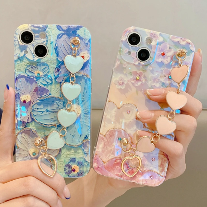 Luxusný laserový kvetina láska náramok s náramkom pre puzdro pre iPhone 11 12 13 14 15 16 Pro Max xr xs roztomilý srdcový remienok na 7 8 plus reťazový kryt