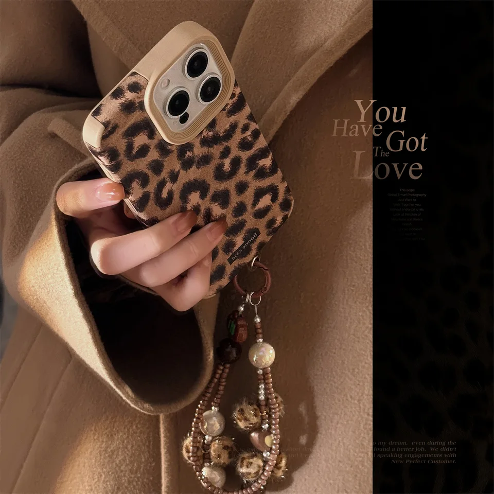 Luxusný leopardový výtlačok Cortex s puzdrom na náramok na šnúrke pre iPhone 11 12 13 14 15 Pro Max 16 plus nárazový odolný zadný kryt