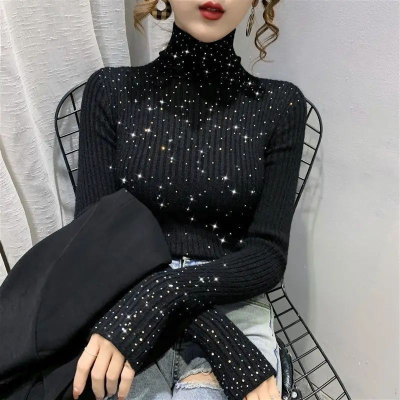 Luxusný lesklý kamienok Swinestone Fall Winter Winter Slim Thint Dotmed Firls Turtleneck Pulloves Flifred Undershirts Topy