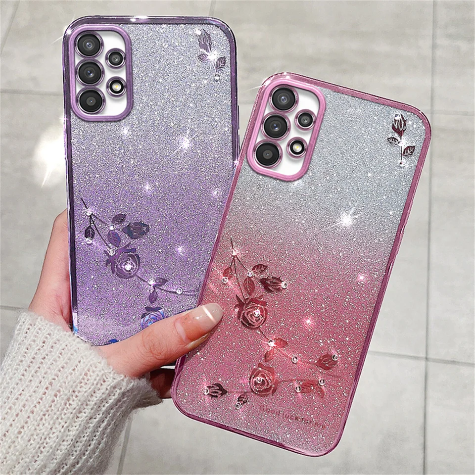 Luxusný lesklý kvetinový telefón pre samsung galaxy A10S A12 A13 A20S A21S A22 A32 A33 A53 5G Ochranný pokov na pokovovanie mäkkých škrupín