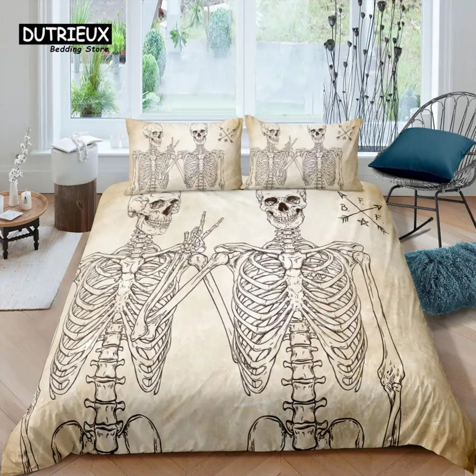 Luxusný luxusný 3D ľudská kostra posteľná obliečka Sada lebok obliečky na obliečka na vankúš kráľovná a kráľ Eu/USA/Au/UK Veľkosť posteľná bielizeň