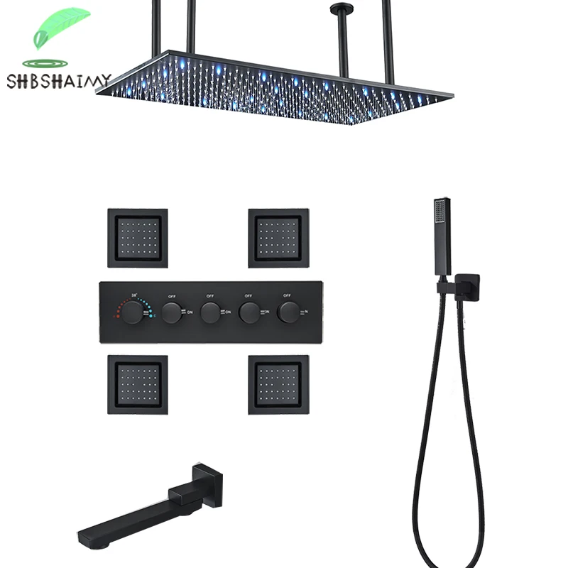 Luxusný matný čierny sprchový systém kúpeľňa Termostatický mixér Sprchový kohútik Set strop namontovaná sprchová hlava s LED svetlami