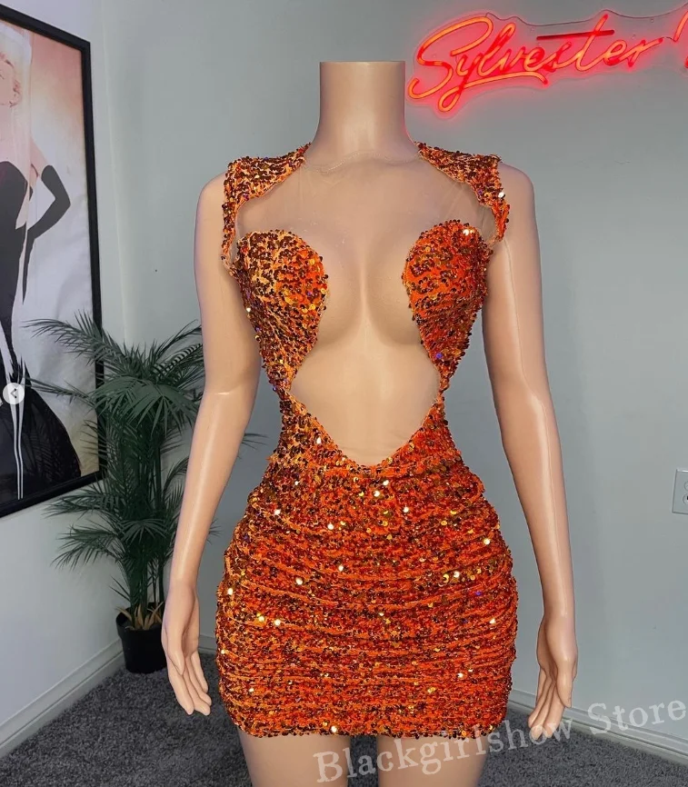 Luxusný oranžový krátky kokteil pre ženy šumivé sexy krištáľové diamante flitre číre mini šaty Vestidos de festa zvyk