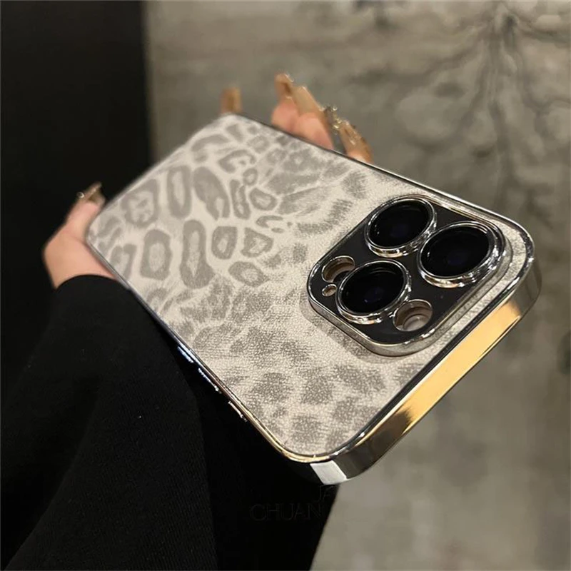Luxusný plášťový rám Leopard Print Patter Pase pre iPhone 16 15 14 plus 13 12 11 11 Pro Max