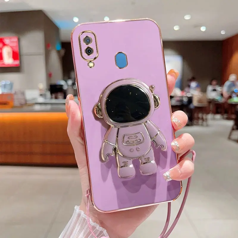 Luxusný pokovovací štvorcový astronaut držiteľ s puzdrom na telefón Landyard pre kryt telefónu Samsung Galaxy A20 A30