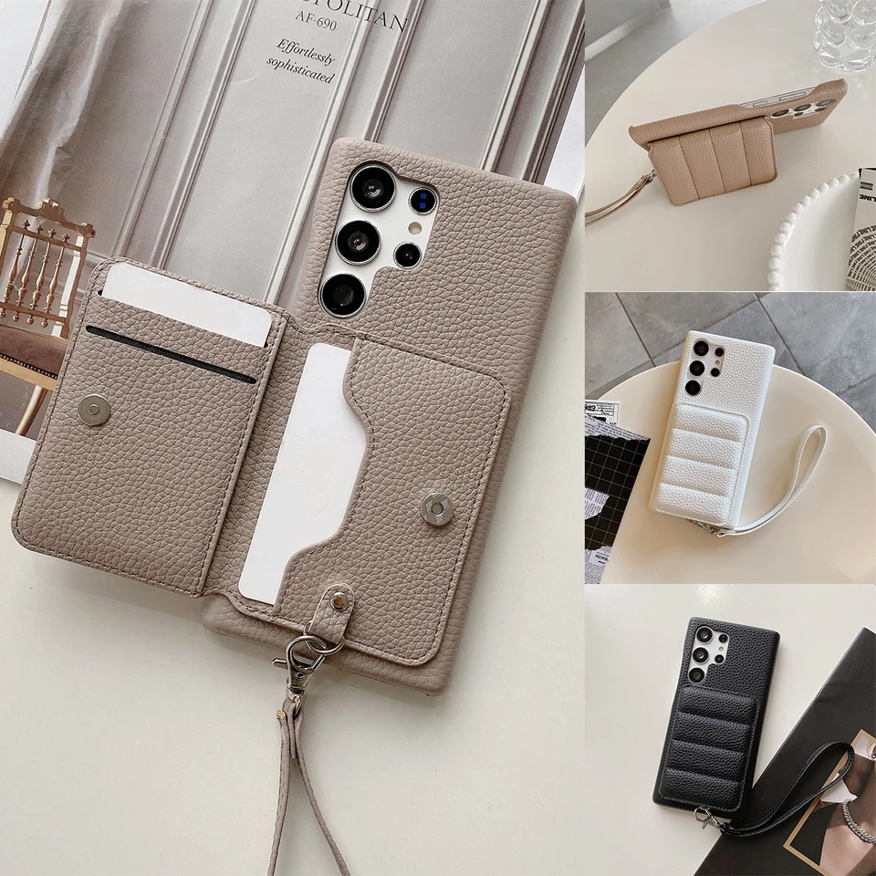 Luxusný puzdro na peňaženku na šnúrku pre Samsung Galaxy S21 Fe S22 S23 Plus poznámka 20 Ultra A52 A53 A54 5G Lichee Pattern Cover Cover