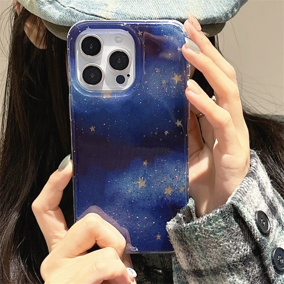 Luxusný trblietavý trblietok Starry Sky Gradient Puzdro pre iPhone 16 15 14 13 12 Pro Max Kórejský Kórejský mäkký nárazový nárazový ochranný kryt