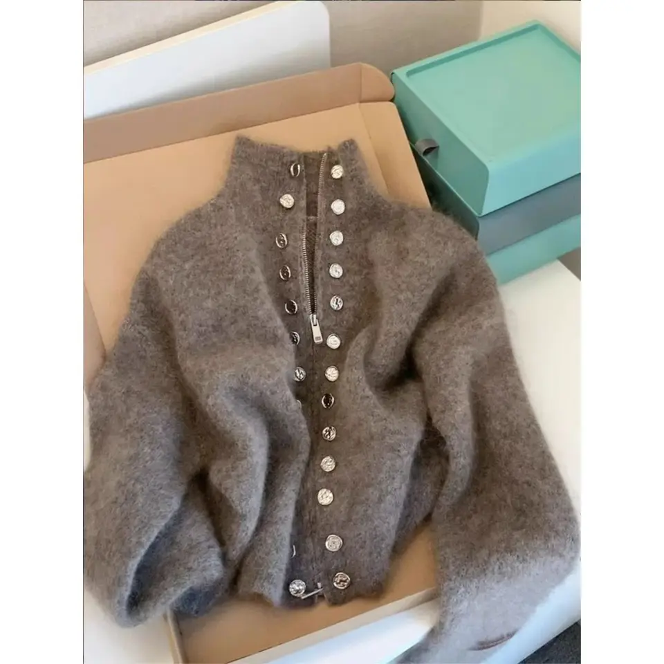 Luxusný vlnený sveter dvojité zips gombíky pletené sveter