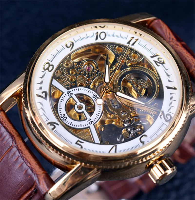 Luxusný výherca Značka Zlatý puzdro Príležitostné dizajn Brownové kožené remienky Pánske hodinky Dutiny Out Mechanical Skeleton Transparentné hodinky