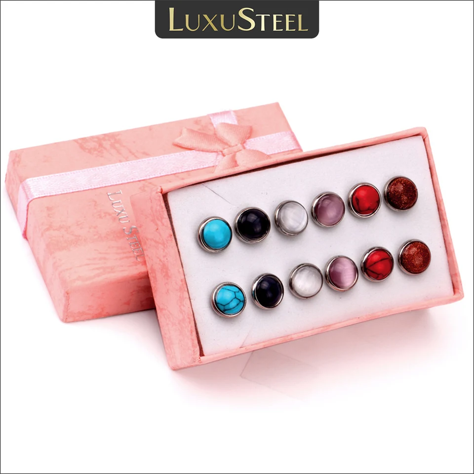 Luxusteel 6parirs náušnice súpravy Opp Eyes Stone Ear Studla pre ženy Zlatá farba z nehrdzavejúcej ocele Classic Brinco Party šperky