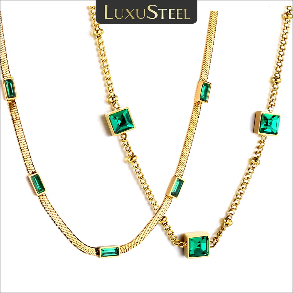 Luxusteel z nehrdzavejúcej ocele kubický zirkón prívesok Náhrdelník pre ženy elegantné zelené kamenné krištáľové kúzlo hadí reťazec Choker