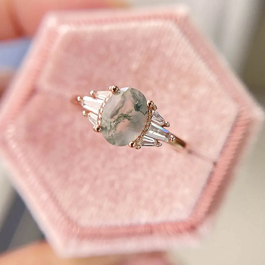 Luxyimagický prírodný machový agát Gemstones prsteň pre ženy Solid 925 Sterling Silver 585 Rose Gold Trendy Engagement Svadobné šperky