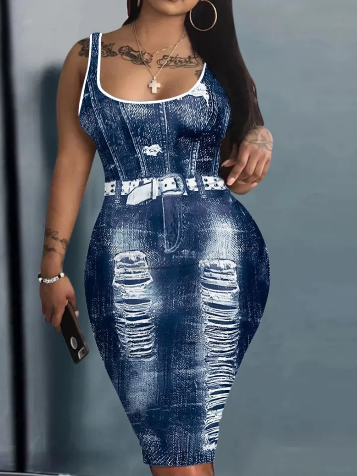 LW Plus veľkosti šaty leto Nová imitácia denim bodycon šaty šaty sexy y2k oblečenie bez rukávov maxi šaty klubové šaty