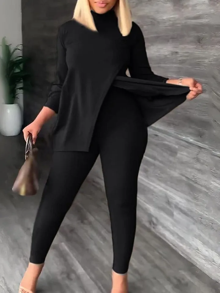 LW Plus veľkosť jesenný dámsky oblek Casy Turtleneck Split Pants Set Top Calf Top Calf Pants Casual Dámsky dvojdielny oblek