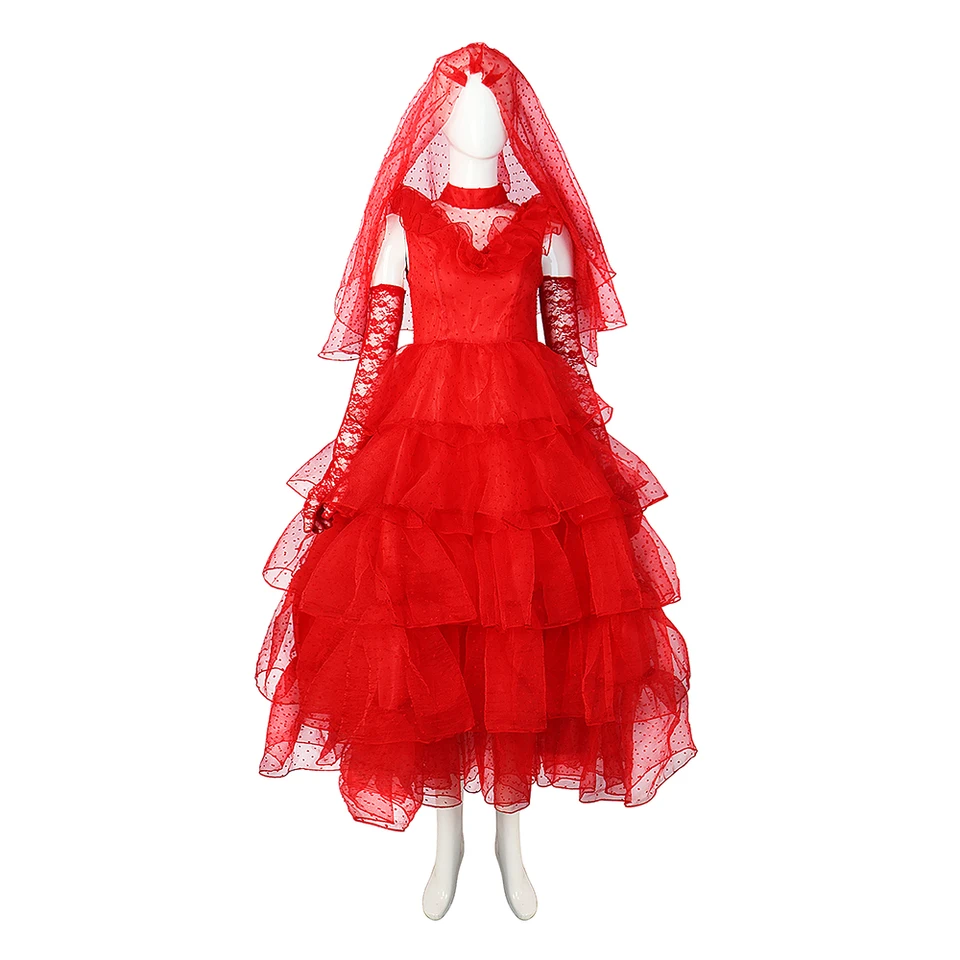 Lydia Cosplay Deetz Red Mesh Dress kostým fantázia pre dospelých červené svadobné šaty Žena Halloween Carnival Party kostýmy
