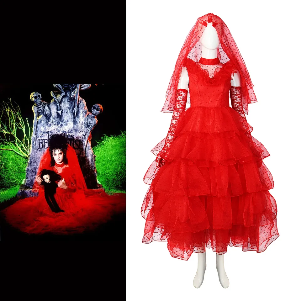 Lydia Ghost Bride Cosplay kostýmy Ženy červené svadobné šaty rukavice oblek film Beetle Cosplay kostýmy halloween karnevalové oblečenie