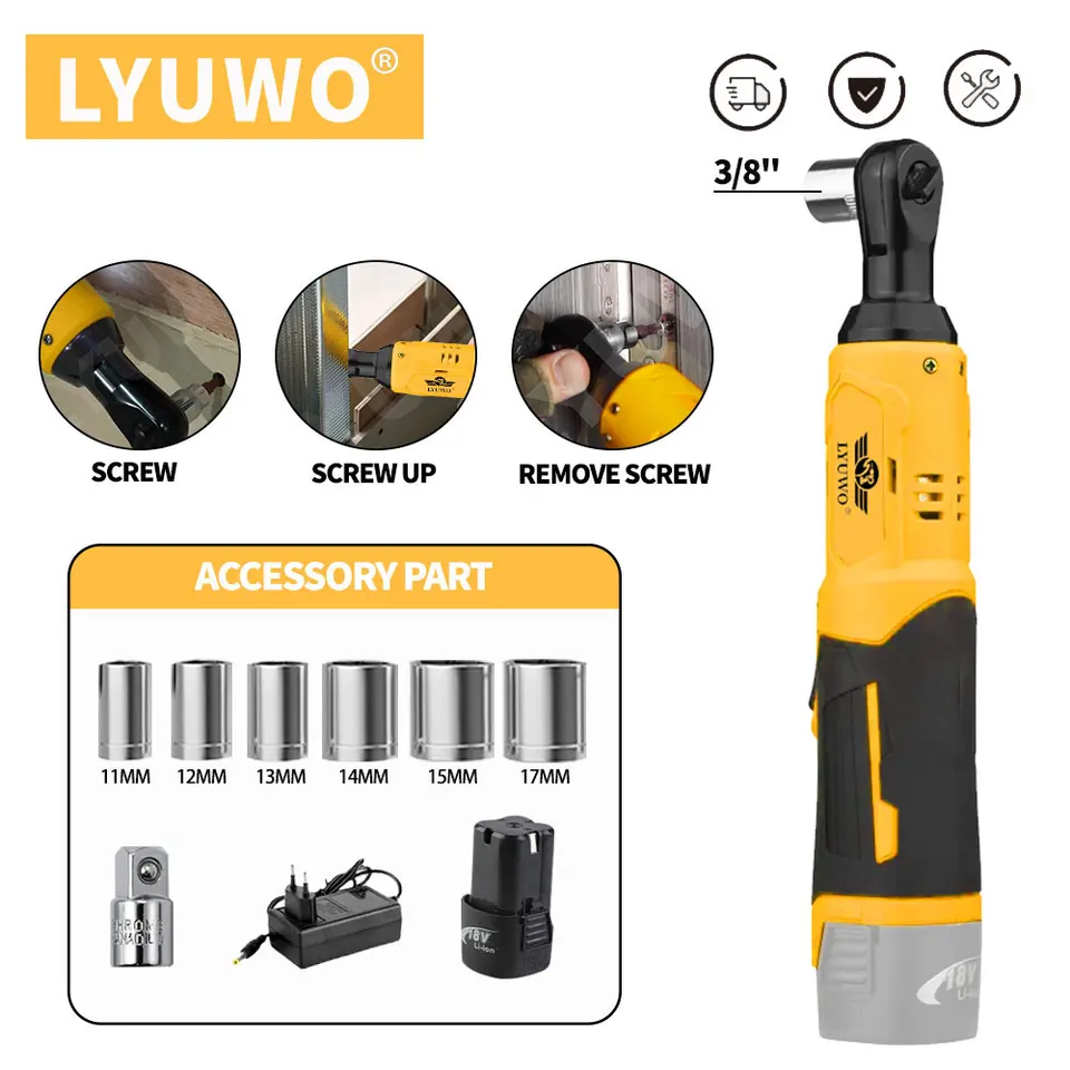 Lyuwo 18V 90 stupňov Nabíjateľný pravý uhol, Ratchet Kit, Uhlová vŕtačka, odstránenie matice skrutkovača, opravárenská automatická súprava vozidla, súprava elektrického náradia