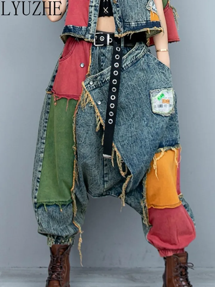 Lyuzhe individualita módne patchwork džínsové džínsy džíns 2025 jar jeseň novú farebnú kontrast vintage voľné nohavice zxf986a