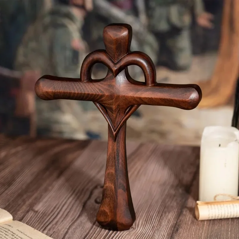 Láska drevený krížový tvar srdca, kresťanský interiérový dekor, stenu zavesenie, ručne vyrezávané, darček kresťanského milenca viery