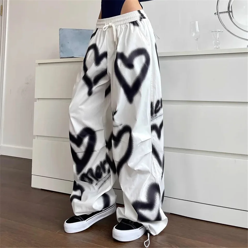 Láska graffiti široké nohavice nohavice Ženy y2k elastické vysoké pásové streetwear voľné šnúrky jogging nohavice Kórejské príležitostné tepláky
