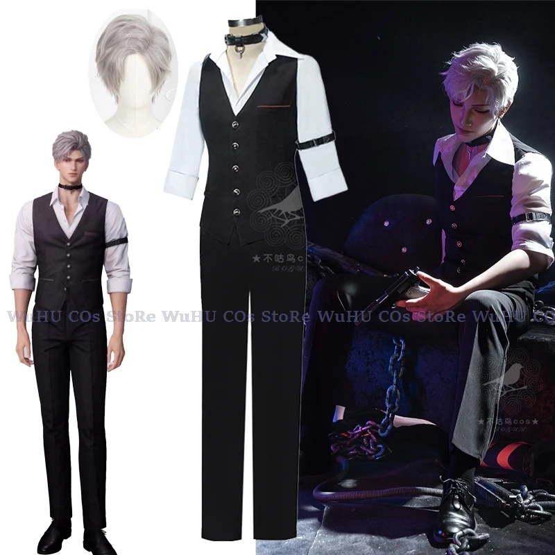Láska hry a Deepspace Sylus Cosplay kostým Parochne Party Pants Suit Qinche Strieborná šedá parochňa náhrdelník Men Halloween Cosplay Suit Suit