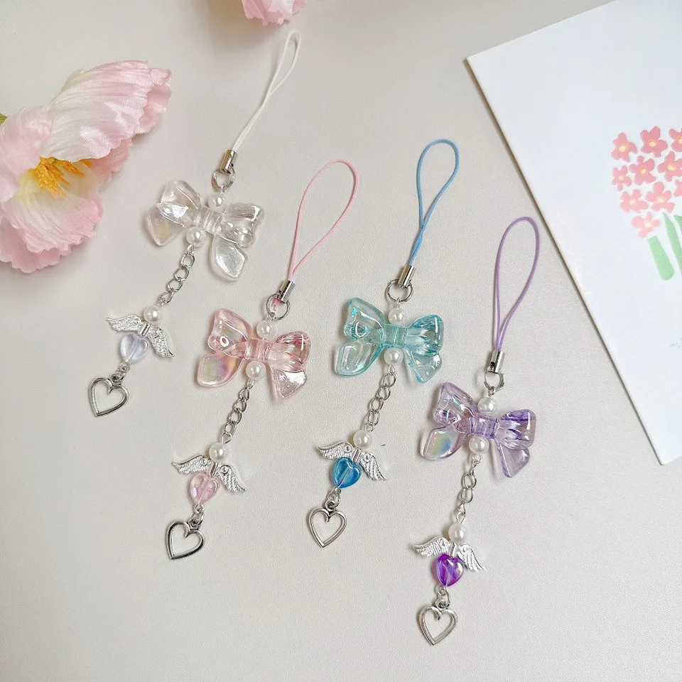 Láska prívesok srdca Fringe Phone Lanyard Sweet Wings Bowknot telefónny reťaz