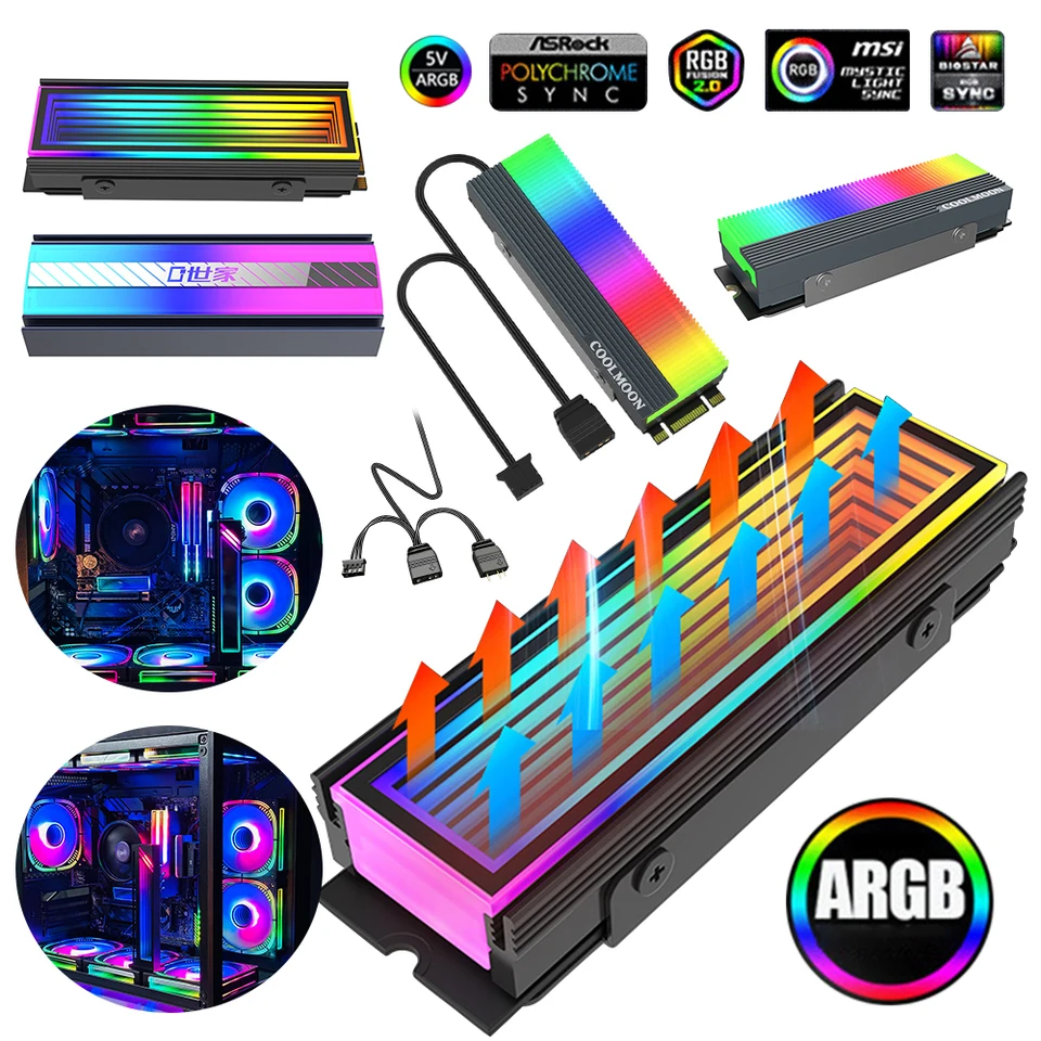 M.2 SSD Tvrdý disk Heatsink Hliník M2 radiátor 5V 3pin argb aura synch